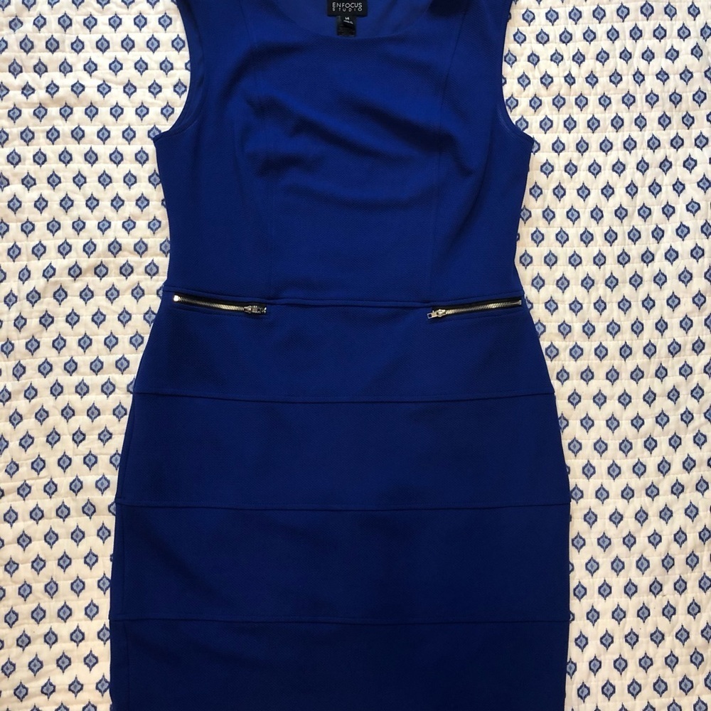 Enfocus Studio Blue Sheath Mini Dress 14 sleeveless fake zipper pockets pullover